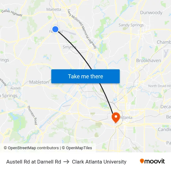 Austell Rd at Darnell Rd to Clark Atlanta University map