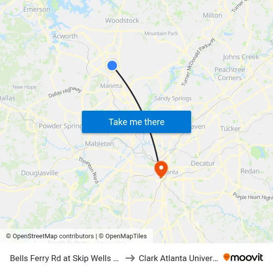 Bells Ferry Rd at Skip Wells Park to Clark Atlanta University map