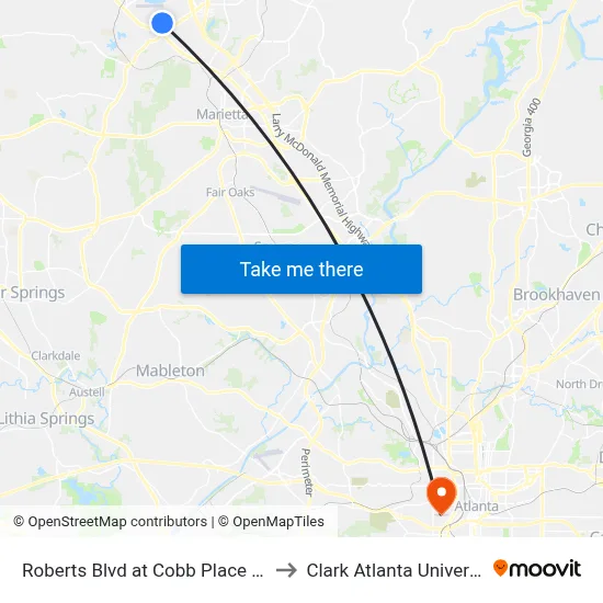 Roberts Blvd at Cobb Place Blvd to Clark Atlanta University map