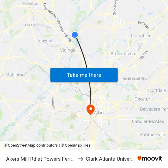 Akers Mill Rd at Powers Ferry Rd to Clark Atlanta University map