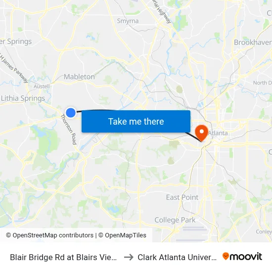 Blair Bridge Rd at Blairs View Dr to Clark Atlanta University map