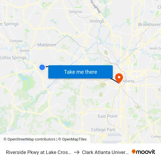 Riverside Pkwy at Lake Crossing to Clark Atlanta University map