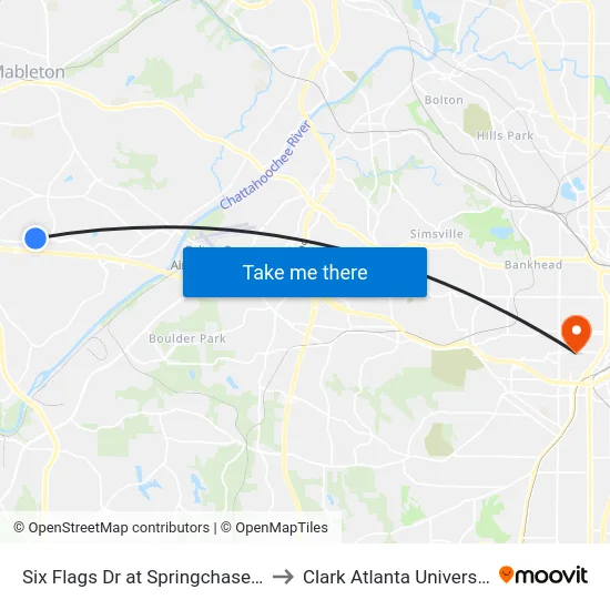 Six Flags Dr at Springchase St to Clark Atlanta University map