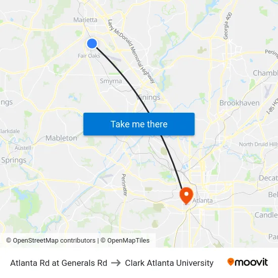 Atlanta Rd at Generals Rd to Clark Atlanta University map