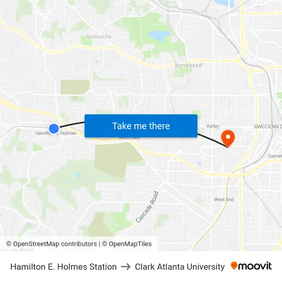Hamilton E. Holmes Station to Clark Atlanta University map