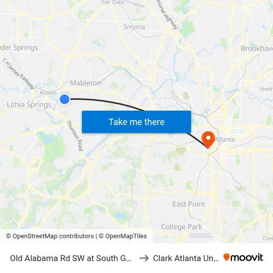 Old Alabama Rd SW at South Gordon Rd SW to Clark Atlanta University map