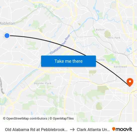 Old Alabama Rd at Pebblebrook High Schoo to Clark Atlanta University map