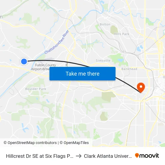 Hillcrest Dr SE at Six Flags Pkwy to Clark Atlanta University map