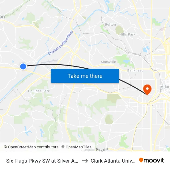 Six Flags Pkwy SW at Silver Arrow Cir to Clark Atlanta University map