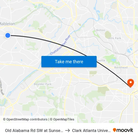 Old Alabama Rd SW at Sunset Blvd to Clark Atlanta University map