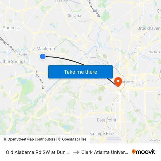 Old Alabama Rd SW at Dunn Rd to Clark Atlanta University map