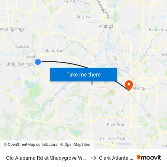 Old Alabama Rd at Shadygrove Walk (Not 25 Timepoin to Clark Atlanta University map
