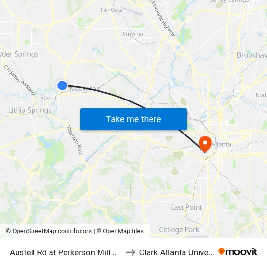 Austell Rd at Perkerson Mill Rd SW to Clark Atlanta University map