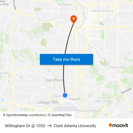 Willingham Dr @ 1053 to Clark Atlanta University map
