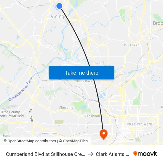 Cumberland Blvd at Stillhouse Creek Dr/Riverwood P to Clark Atlanta University map