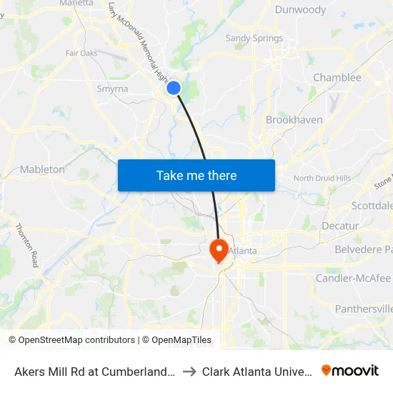 Akers Mill Rd at Cumberland Blvd to Clark Atlanta University map