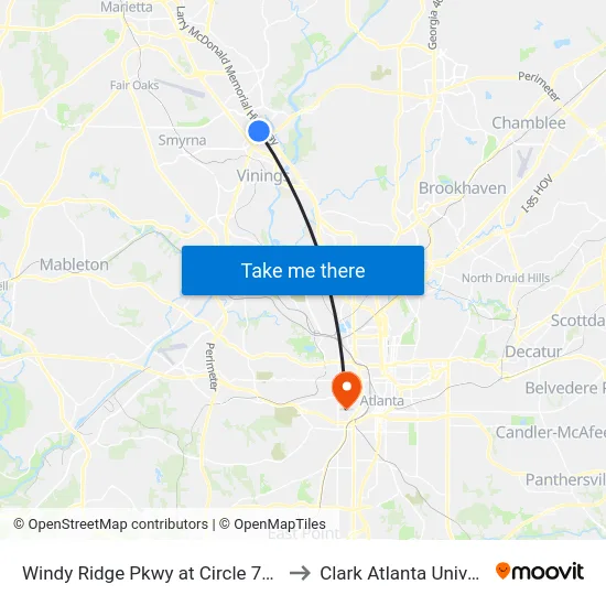 Windy Ridge Pkwy at Circle 75 Pkwy to Clark Atlanta University map