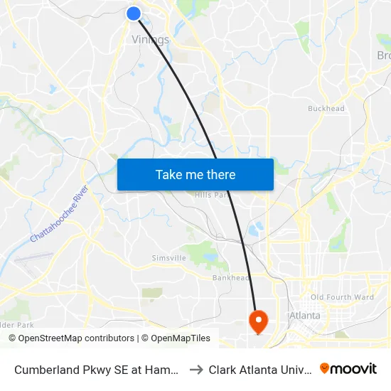 Cumberland Pkwy SE at Hampton Inn to Clark Atlanta University map