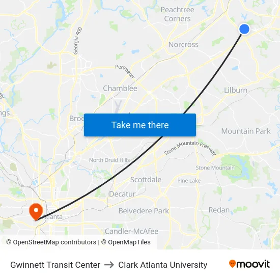 Gwinnett Transit Center to Clark Atlanta University map