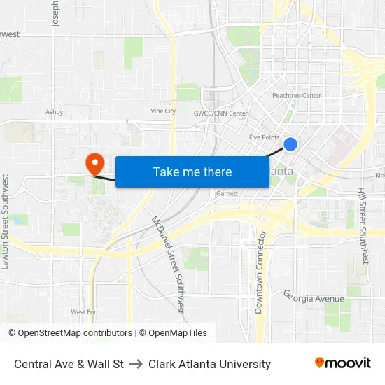 Central Ave & Wall St to Clark Atlanta University map