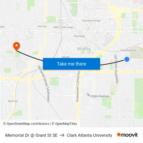 Memorial Dr @ Grant St SE to Clark Atlanta University map
