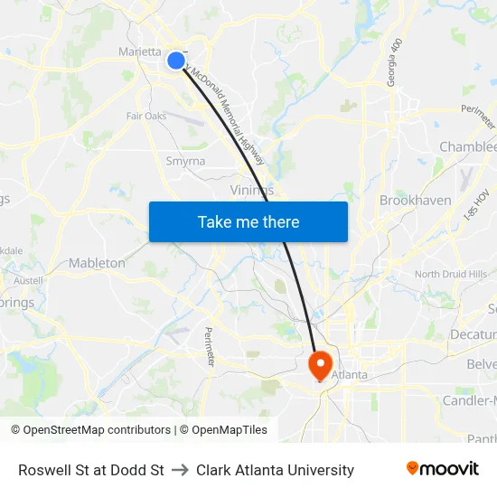 Roswell St at Dodd St to Clark Atlanta University map