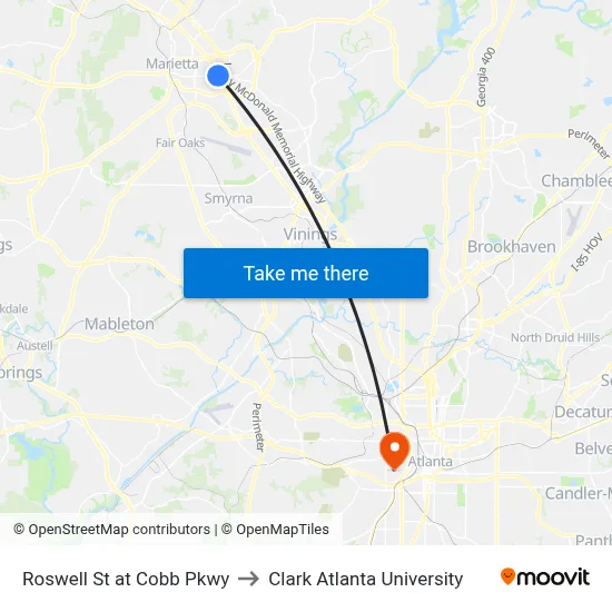 Roswell St at Cobb Pkwy to Clark Atlanta University map