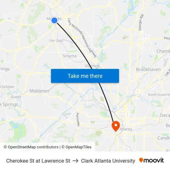 Cherokee St at Lawrence St to Clark Atlanta University map