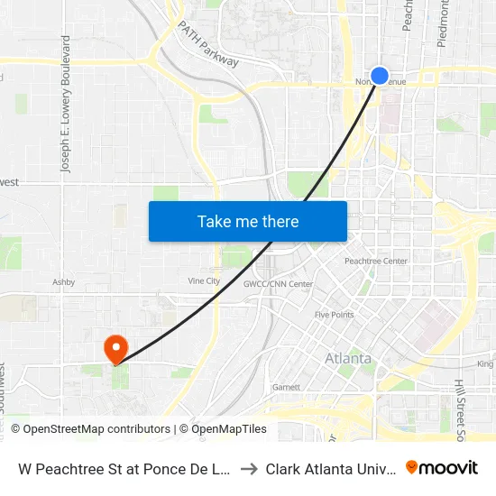 W Peachtree St at Ponce De Leon Ave to Clark Atlanta University map
