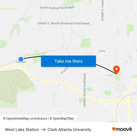 West Lake Station to Clark Atlanta University map