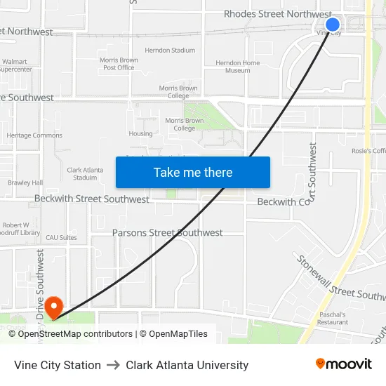 Vine City Station to Clark Atlanta University map