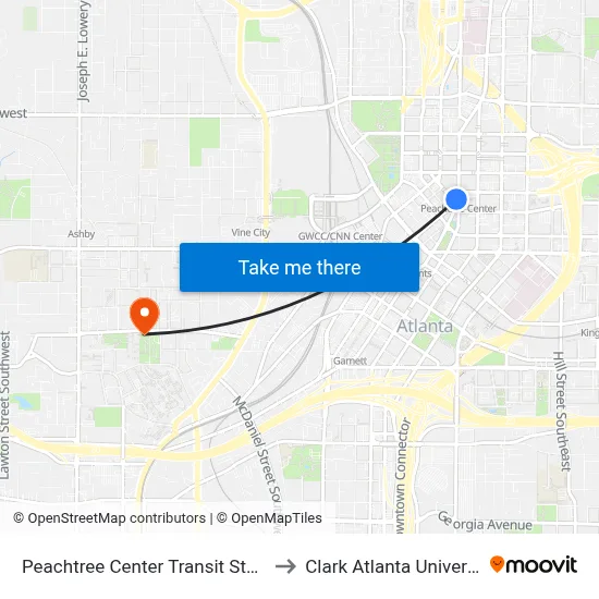 Peachtree Center Transit Station to Clark Atlanta University map