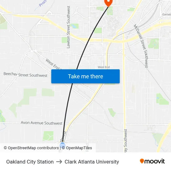 Oakland City Station to Clark Atlanta University map