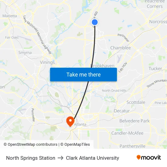 North Springs Station to Clark Atlanta University map