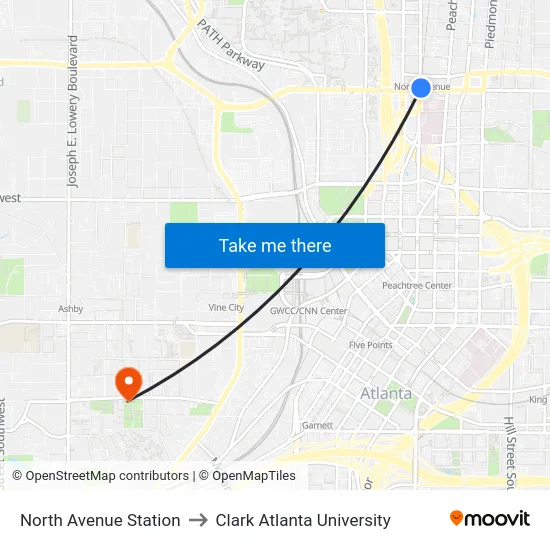 North Avenue Station to Clark Atlanta University map