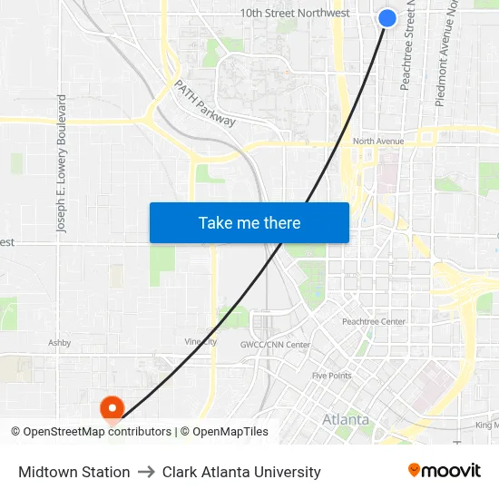 Midtown Station to Clark Atlanta University map