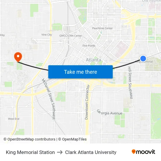 King Memorial Station to Clark Atlanta University map