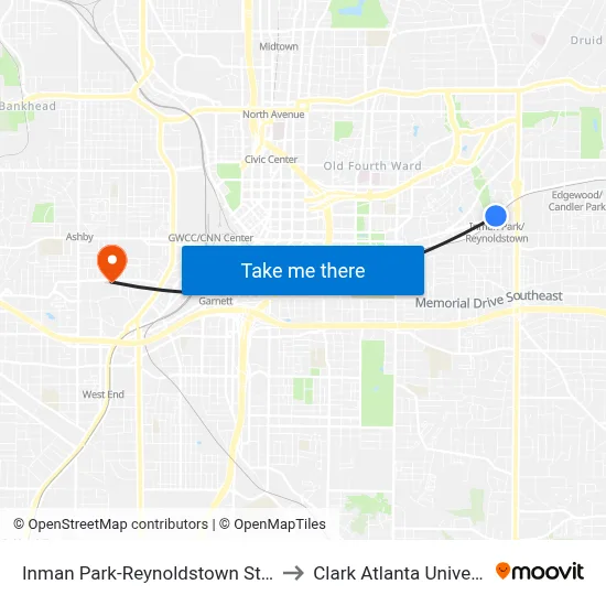 Inman Park-Reynoldstown Station to Clark Atlanta University map