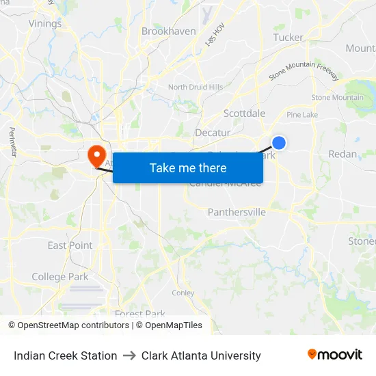 Indian Creek Station to Clark Atlanta University map