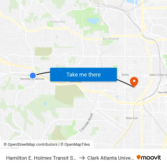 Hamilton E. Holmes Transit Station to Clark Atlanta University map