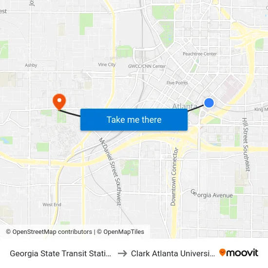 Georgia State Transit Station to Clark Atlanta University map