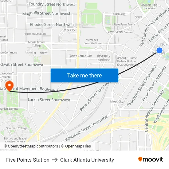 Five Points Station to Clark Atlanta University map