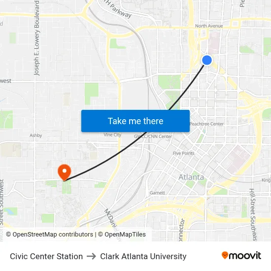 Civic Center Station to Clark Atlanta University map
