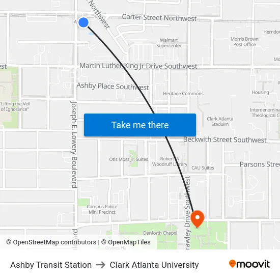 Ashby Transit Station to Clark Atlanta University map