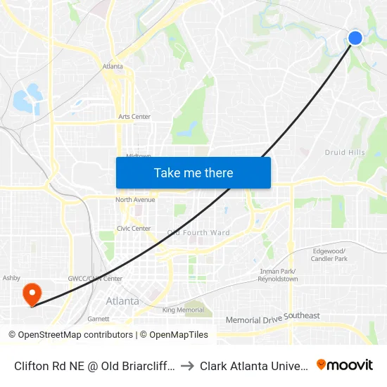Clifton Rd NE @ Old Briarcliff Way to Clark Atlanta University map