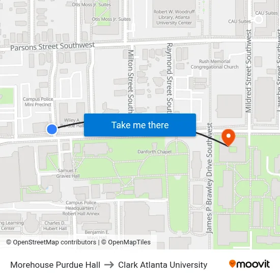 Morehouse Purdue Hall to Clark Atlanta University map