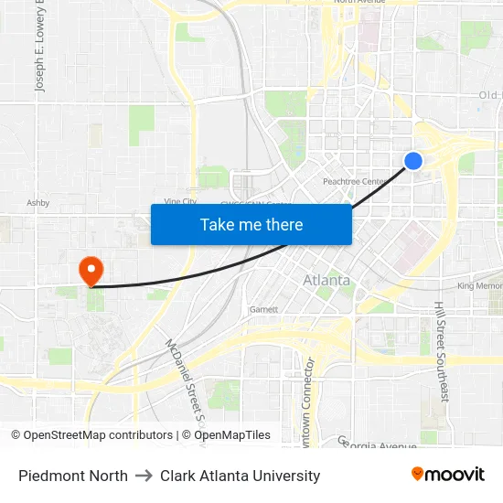 Piedmont North to Clark Atlanta University map