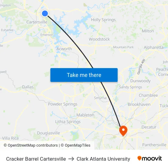 Cracker Barrel Cartersville to Clark Atlanta University map