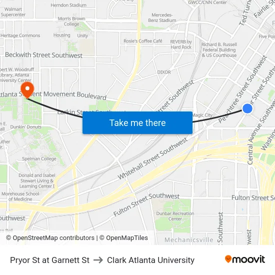 Pryor St at Garnett St to Clark Atlanta University map
