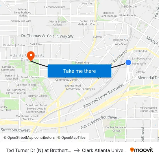 Ted Turner Dr (N) at Brotherton St to Clark Atlanta University map
